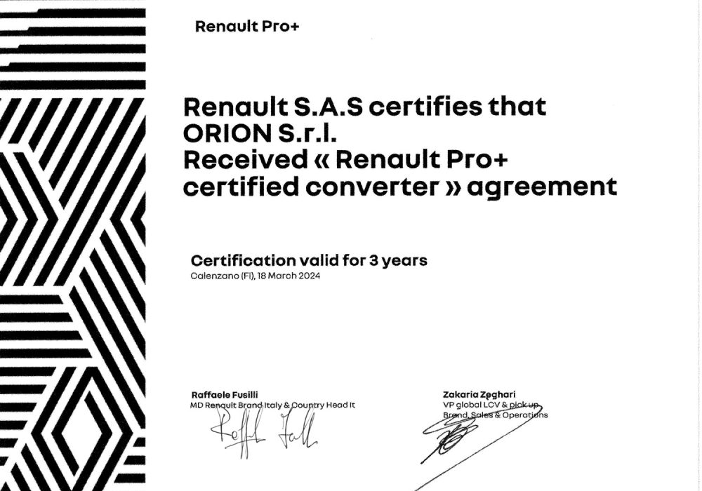 Orion Ottiene il Prestigioso Certificato “Renault Pro+ Certified Converter”: Un passo avanti nell’eccellenza dell’industria automobilistica
