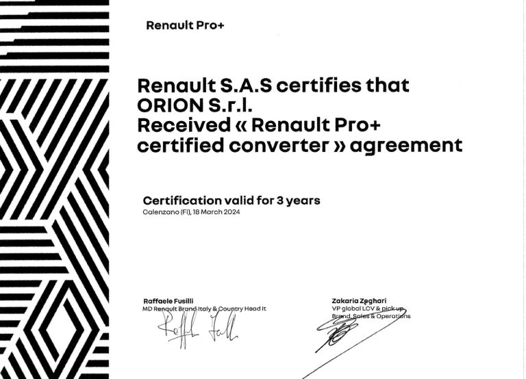 Orion Ottiene il Prestigioso Certificato “Renault Pro+ Certified Converter”: Un passo avanti nell’eccellenza dell’industria automobilistica
